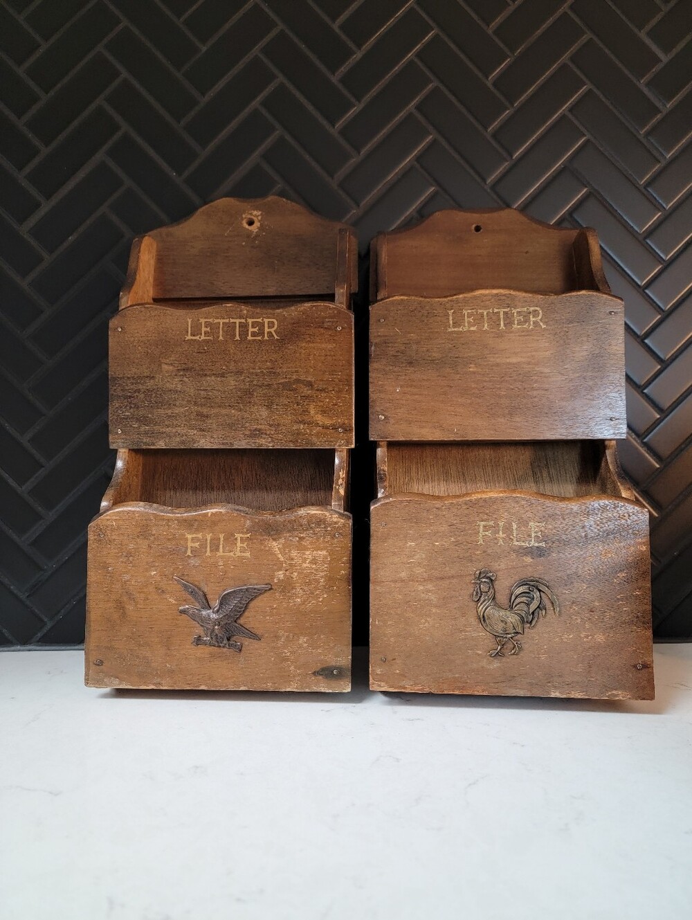 Pair Of 2 - Vintage Wooden Letter & File Wall Organizers